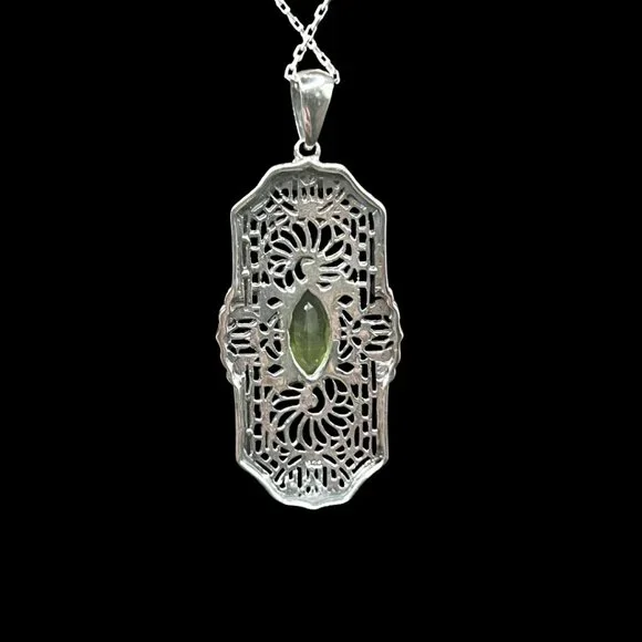 Sterling Silver Green Peridot Filigree Pendant Art Deco Revival 925 Silver Chain - Picture 7 of 7